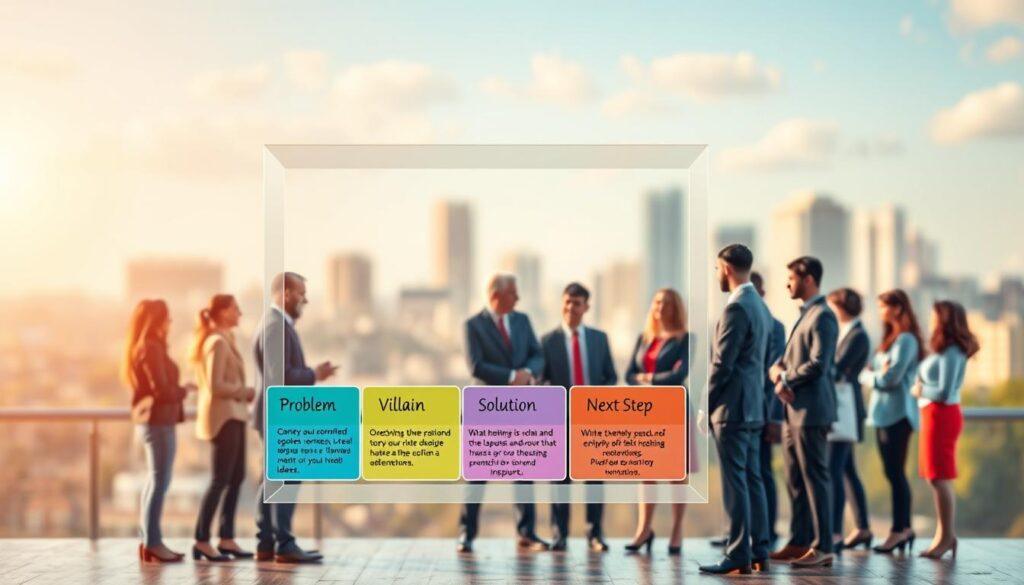 A well-organized message framing illustration, showcasing a "message box" concept. In the foreground, a large, clear box divided into sections labeled: "Problem," "Villain," "Hero," "Solution," and "Next Step," each section filled with vibrant colors representing various county issues. In the middle ground, diverse professionals in business attire collaborate around the message box, engaged in discussion and brainstorming ideas. The background features a blurred view of a cityscape representing a county environment, with soft morning light casting a warm glow over the scene. The atmosphere is inspirational and proactive, conveying determination and collaboration in tackling local challenges. Use a wide-angle lens for a dynamic perspective, highlighting both the central message box and the engaged individuals. A well-organized message framing illustration, showcasing a "message box" concept. In the foreground, a large, clear box divided into sections labeled: "Problem," "Villain," "Hero," "Solution," and "Next Step," each section filled with vibrant colors representing various county issues. In the middle ground, diverse professionals in business attire collaborate around the message box, engaged in discussion and brainstorming ideas. The background features a blurred view of a cityscape representing a county environment, with soft morning light casting a warm glow over the scene. The atmosphere is inspirational and proactive, conveying determination and collaboration in tackling local challenges. Use a wide-angle lens for a dynamic perspective, highlighting both the central message box and the engaged individuals.