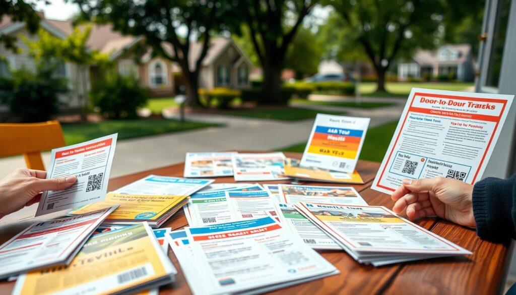 A well-organized table showcasing door to door canvassing leave behinds, featuring an array of colorful flyers with QR codes prominently displayed. The foreground includes a close-up of hands placing a flyer on a door, emphasizing the ADA-friendly layout with clear, accessible designs. In the middle, a diverse set of flyers showcases translation options in multiple languages, highlighting inclusivity. The background depicts a suburban neighborhood with houses and trees softly blurred to maintain focus on the canvassing materials. Natural lighting creates an inviting atmosphere, and the angle captures a slight upward perspective, adding a sense of hopefulness and community engagement. The mood is professional yet friendly, tailored for beginners in canvassing efforts.