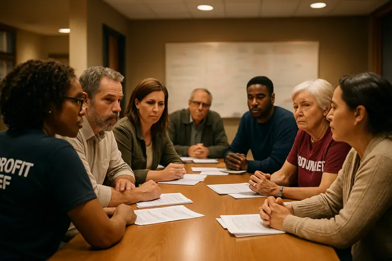 Business owners and civic volunteers talking in a meeting room