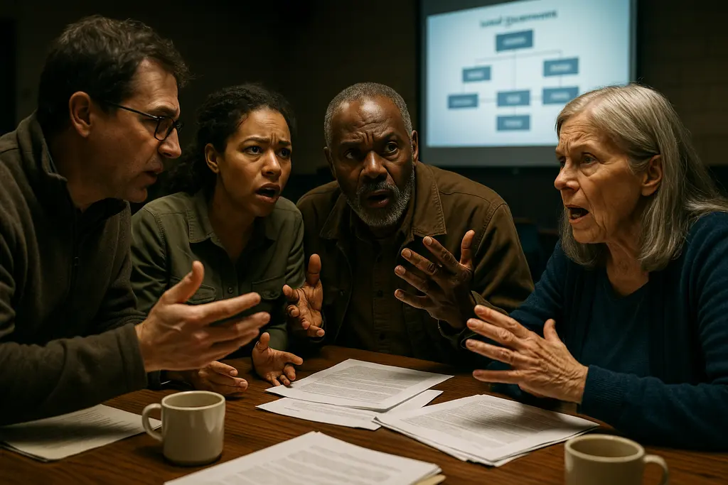 Residents discussing local governance documents after a public meeting