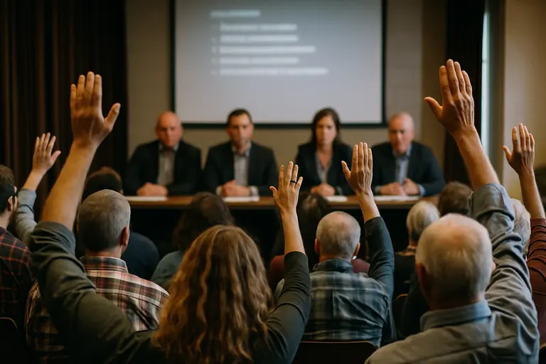 Resident reviewing printed agenda materials at a meeting table