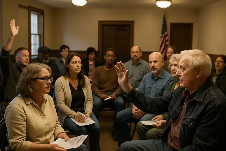 Residents sit in rows during a local government meeting