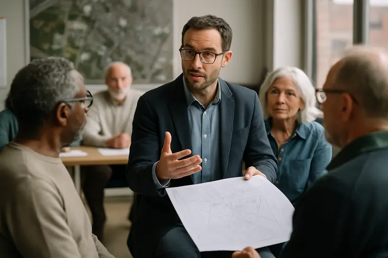 Organizer speaking with residents during a small civic planning meeting
