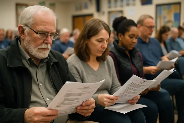 Residents reviewing agenda packets before a school board meeting