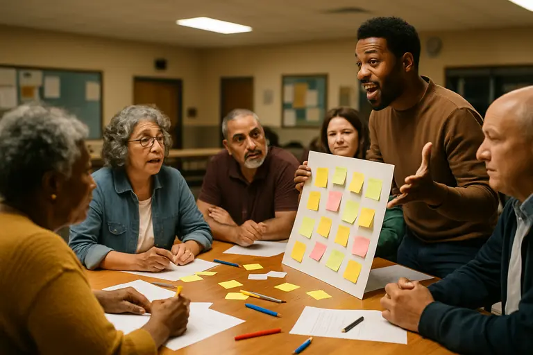 Resident reviewing city budget documents at a public table