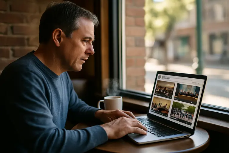 Resident reviewing a city council agenda on a laptop at home