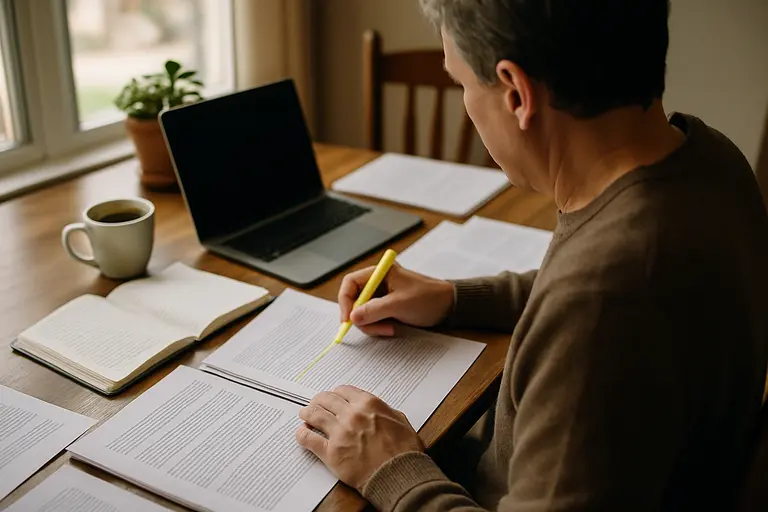 Community members reviewing meeting papers at a public table