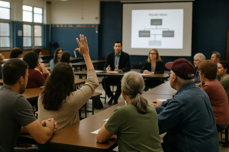 Community members reviewing notes before a school board meeting