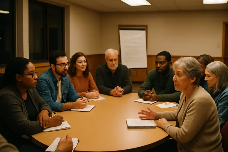 Community members reviewing public meeting documents at a table