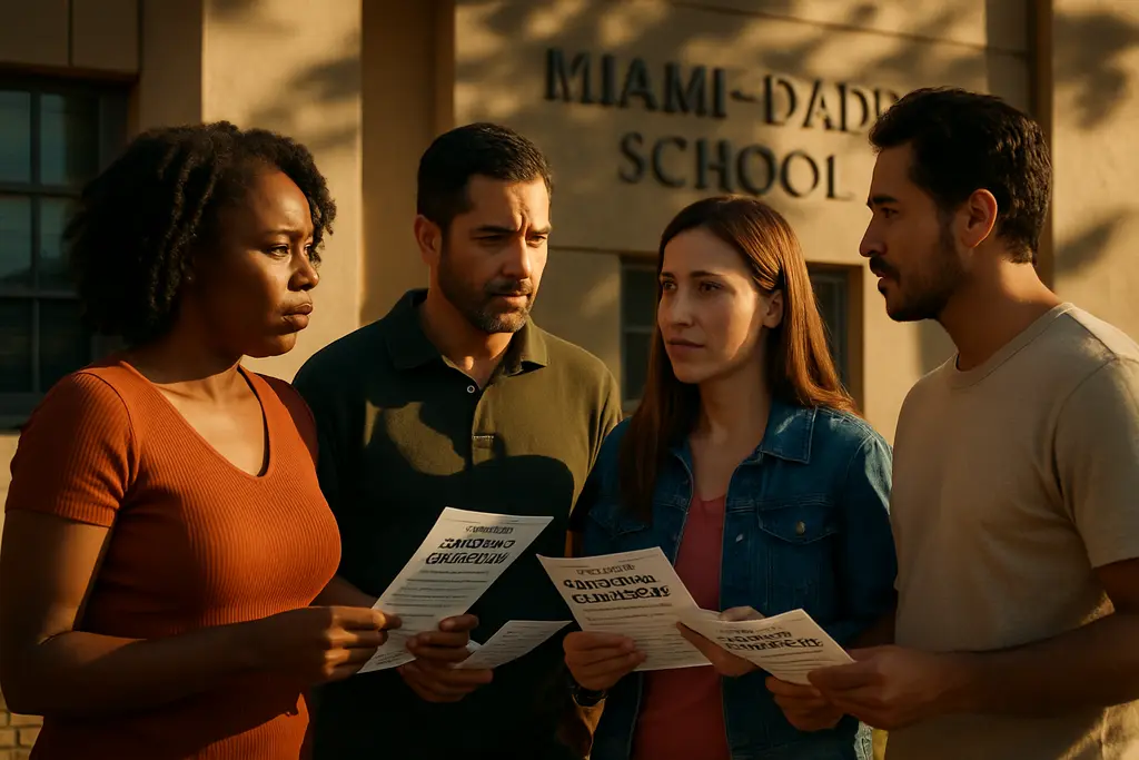 Miami-Dade schools families entering a public school meeting room