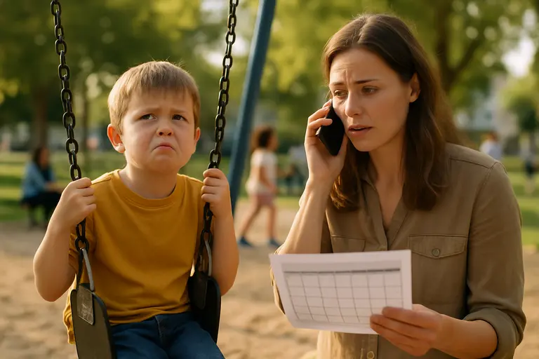 Parent checking a phone beside a child with a backpack