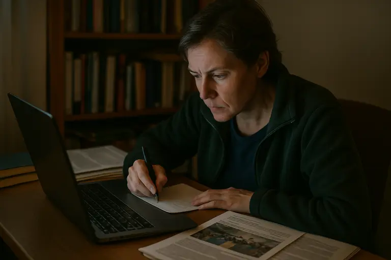 Resident reading a public meeting agenda on a laptop