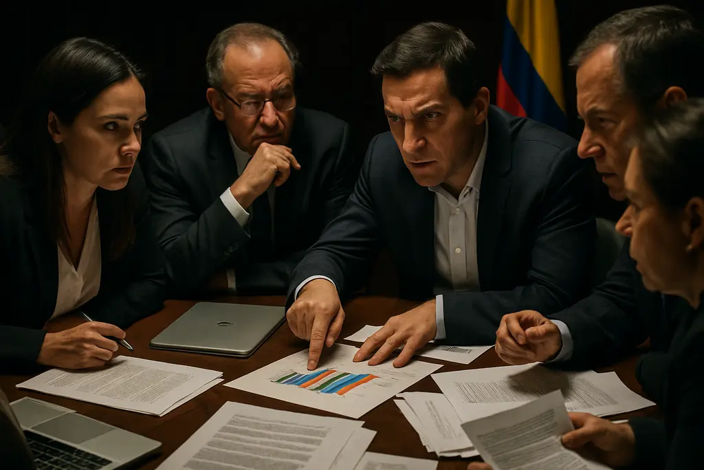 Colombia Budget Balancing discussion with public service documents on a meeting table