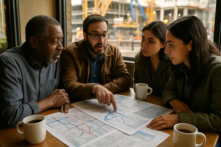 Community members reviewing transit notices and street maps at a meeting table