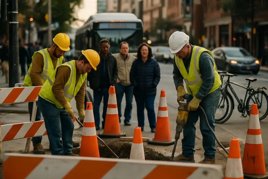 East-West Transit construction area with bus stop and street safety work in Baltimore