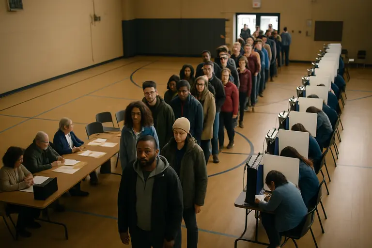 Election workers prepare materials inside a county polling place