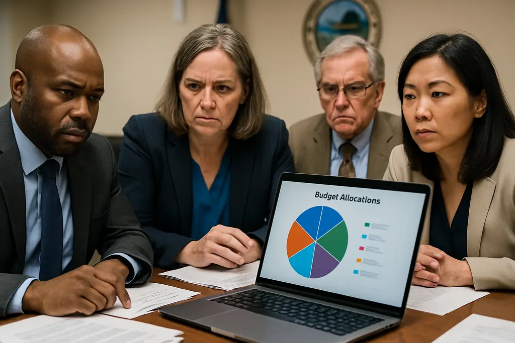 King County budget documents on a desk with county offices in the background