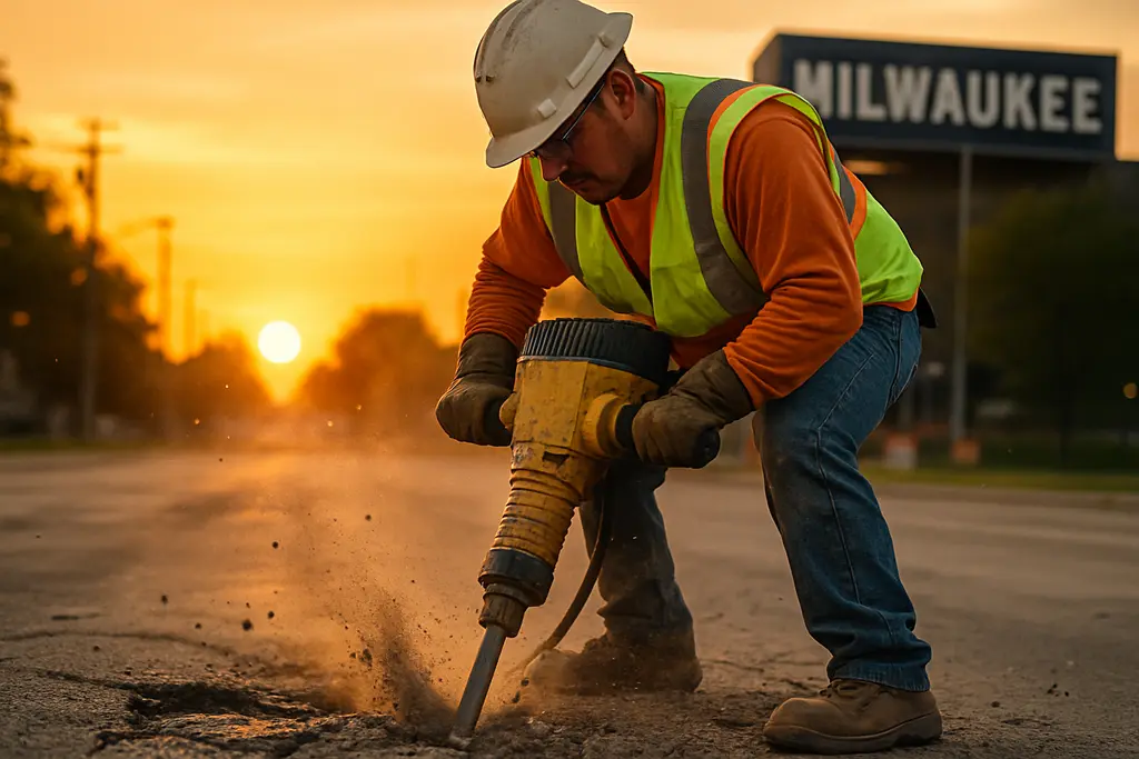 Milwaukee street repairs crew working near a residential intersection