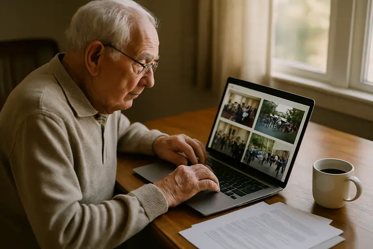 Resident reading a county agenda on a laptop