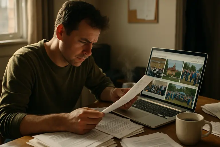 Resident reading meeting documents at a public table