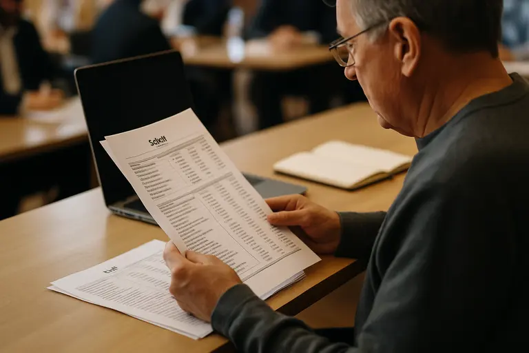 Resident reading printed budget pages beside a laptop and notebook