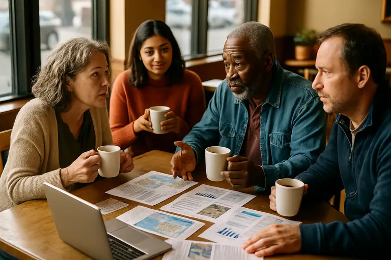 Resident reading public meeting documents at a table