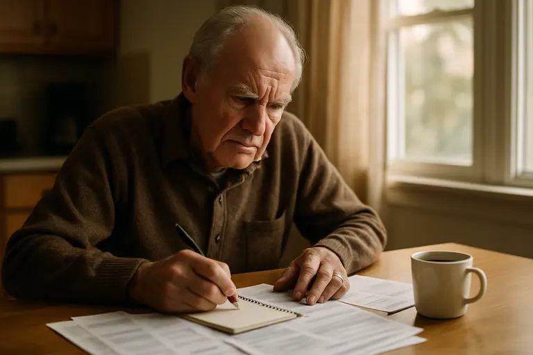 Resident reviewing budget papers beside a laptop and calculator