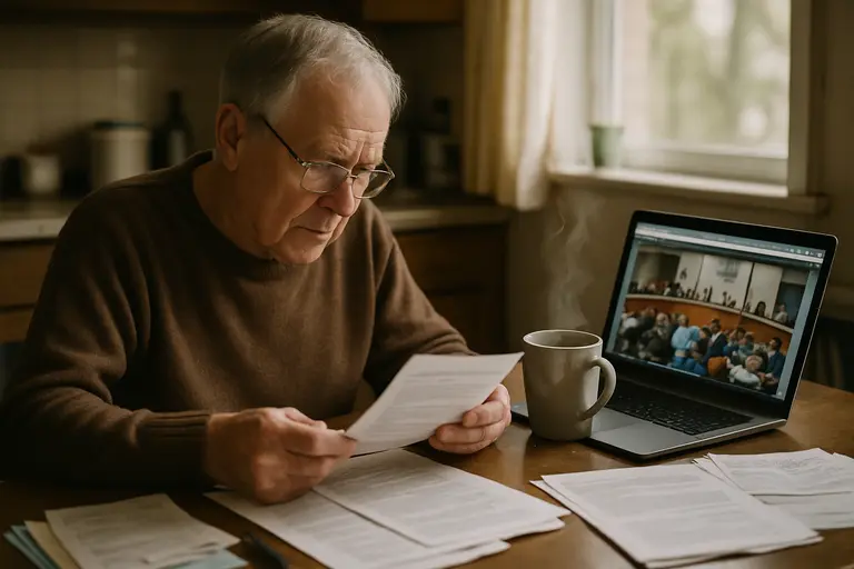 Resident reviewing civic documents at a desk