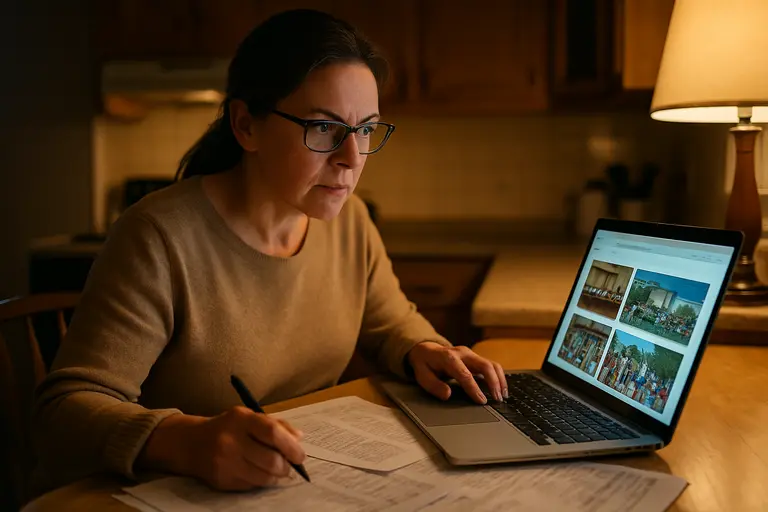 Resident reviewing council agenda notes and budget pages at a desk