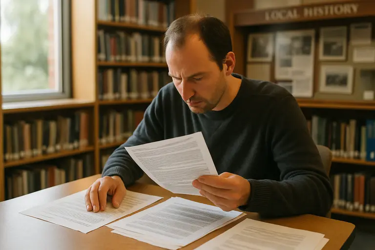 Resident reviewing meeting papers at a public table