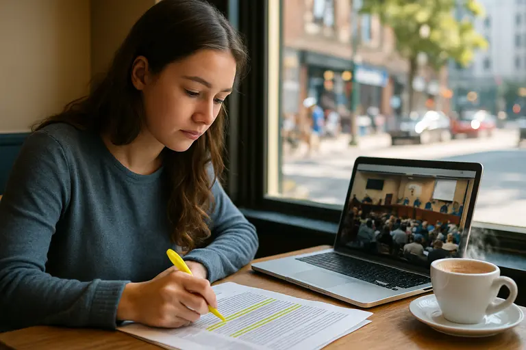 Resident reviewing public meeting documents on a laptop